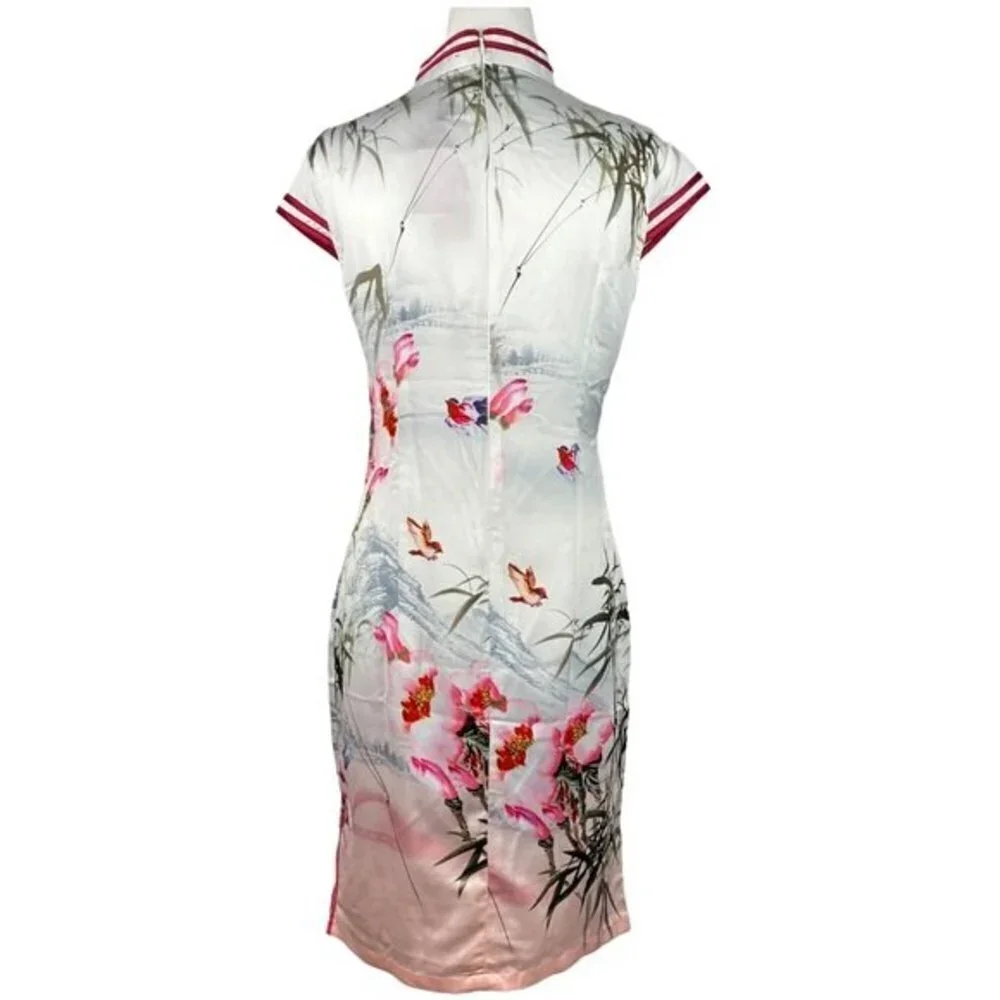 Sigi Chinese Traditional Floral Dress Womens Small White Red Slim Fit Midi Dress - Picture 2 of 6